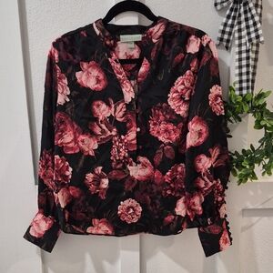 Floral Button-Up Blouse in Black and Pink